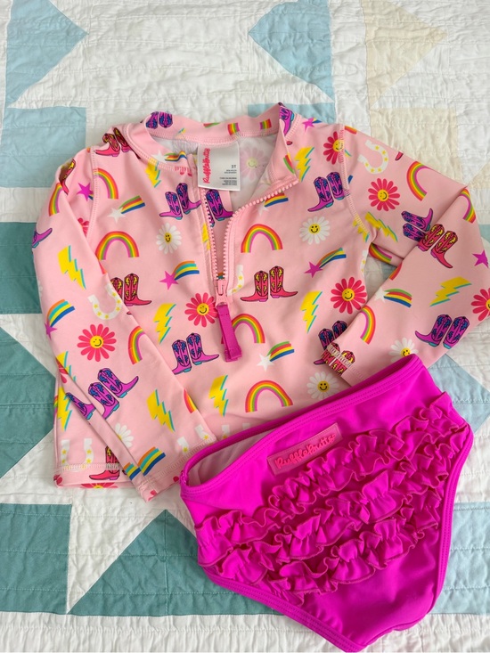 Ruffle Butts Other - Ruffle Butts Pink Rainbow & Cowboy Boots UV Swim Set - Girls 3T